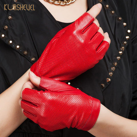 KURSHEUEL 2017 Fashion Women Gloves Breathable Non Slip Driving Leather Gloves Red Black Female Short Fingerless Mitten AGB581 ► Photo 1/1