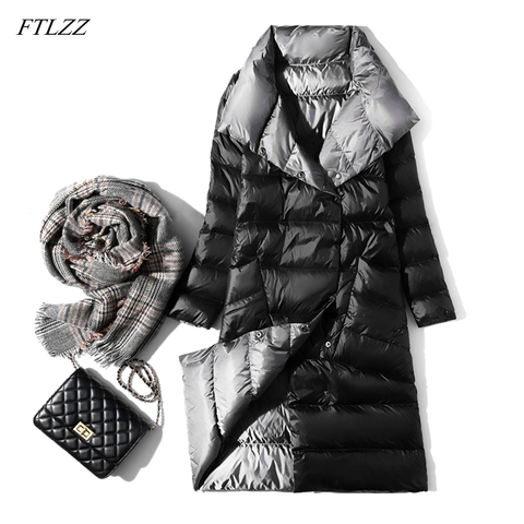 FTLZZ Ultra Light Long Jacket Women Winter Double Sided Slim White Duck Down Coat Single Breasted Turtleneck Warm Parkas ► Photo 1/6