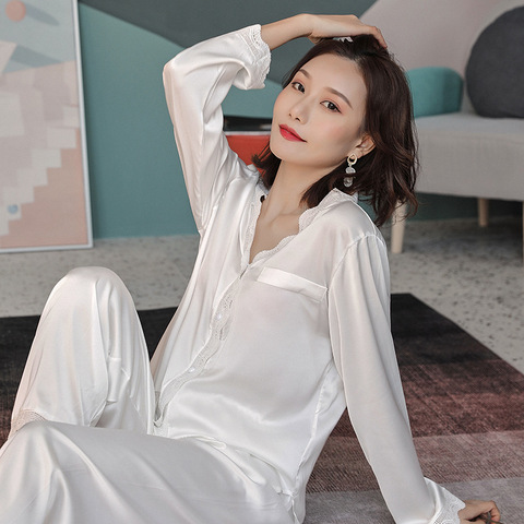 Lisacmvpnel Ice Silk Women Long Sleeve Palace Style Pajamas Sexy Lace Pyjamas ► Photo 1/6