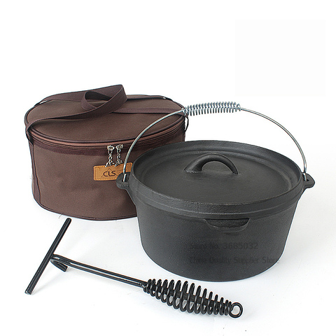 Cast Iron Camping Pot Set with Bag Outdoor Picnic Pot Stew Pot Dutch Oven Uncoated Stew Pots Soup Hanging Pot 25cm ► Photo 1/6