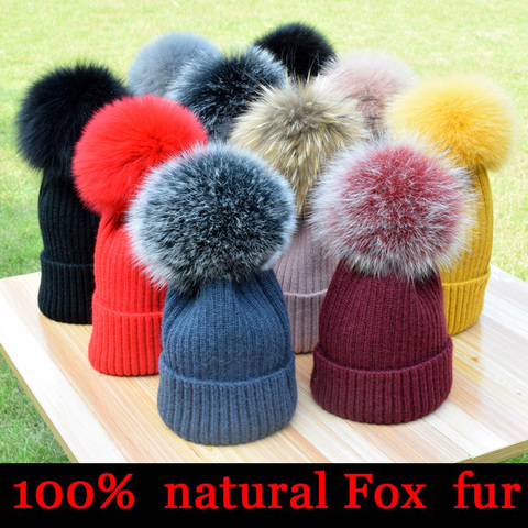 Women Hats - Mink & Fox Fur Ball Cap Pom Poms Winter Hat For Women