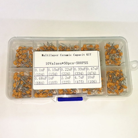 10 Values 500pcs Monolithic Capacitor kit  104 105 106 154 223 334 474 684 225 475/10 4.7 2.2 0.68 0.47  UF ► Photo 1/4