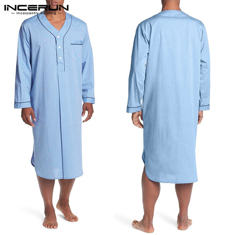 2022 Men Long Sleeve Sleep Robes Homewear V Neck Button Cozy Bathrobe High Quality Leisure Mens Pajamas Nightgown Dress INCERUN ► Photo 1/6