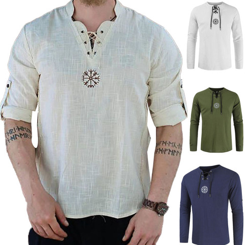 Mens Pirate Medieval Shirt Long Sleeves Adult Pirate Top Viking