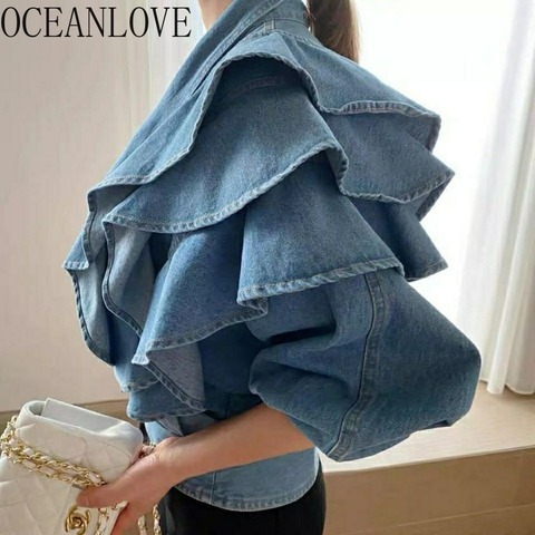 OCEANLOVE Woman Jackets Denim Ruffles Solid 2022 Spring Autumn Short Mujer Chaqueta V Neck Korean Vintage Outwear Tops ► Photo 1/6