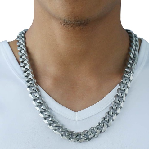 Davieslee Matte Brushed Polished Necklace Mens Chain Cut Curb Cuban Link 316L Stainless Steel Silver Color 15 mm DHNM18 ► Photo 1/6