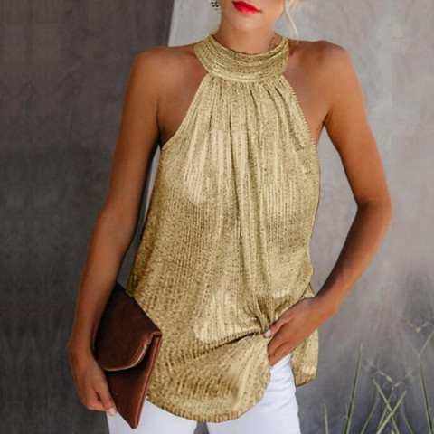 plus size S-5XL Women Summer  T-shirt Sexy sleeveless Halter Bright Color Tops Blusa Casual Loose T Shirt Tee ► Photo 1/6