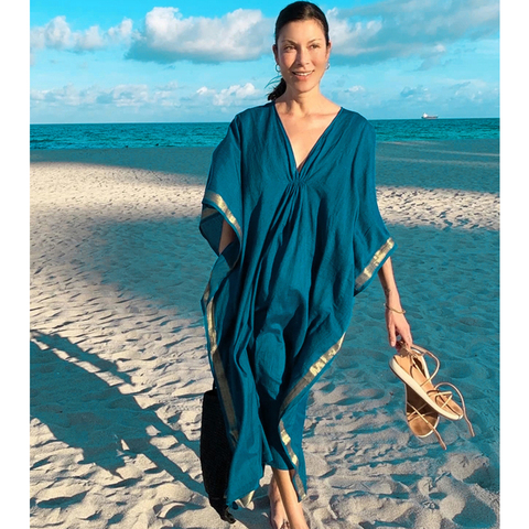 Casual Bikini Cover-ups Blue Tunic Sexy Striped Summer Beach Dress Elegant Women Beach Wear Swim Suit Cover Up Q1135 ► Photo 1/6