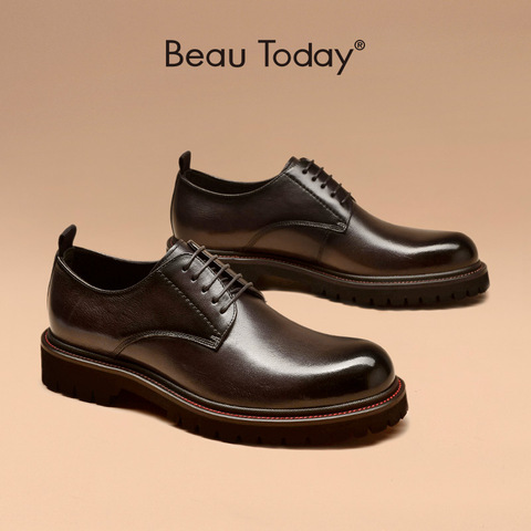 BeauToday Men Derby Shoes Calfskin Leather Waxing Round Toe Lace-Up Platform Gentleman Business Dress Shoes Handmade 55503 ► Photo 1/6