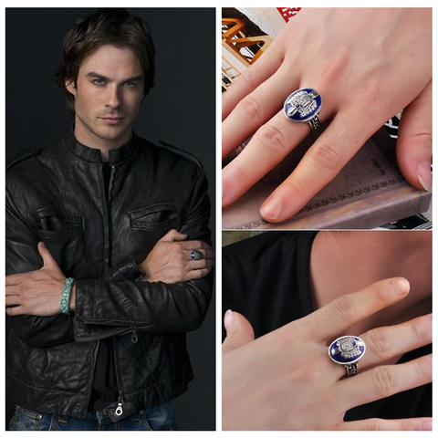 925 Sterling Silver The Vampire Diaries Damon Salvatore Lapis Lazuil Mens Ring Jewelry US Size 8 12# ► Photo 1/4