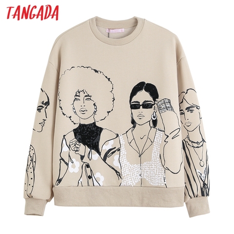 Tangada Women Charater Print Gray Sweatshirts Oversize Long Sleeve O Neck Loose Pullovers Female Tops 4H1 ► Photo 1/5