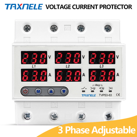 3 three phase Voltage Current Relay Protector 63A 60A 220V 3P+N Over Under Voltage Relay Current limiter adjustable  protect ► Photo 1/6