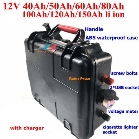 waterproof 12v 80ah lithium battery 12v 40AH 60AH 100AH 120AH 150AH USB Solar Energy Storage Battery fishing boat + 10A charger ► Photo 1/6