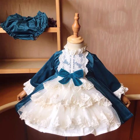 2PCS Baby Girl Autumn Winter Long Sleeve Peacock blue Turkish Spanish Vintage Princess Ball Gown Dress for Girl Christmas Casual ► Photo 1/6