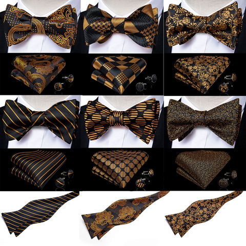 Self Tie Bow Tie Handkerchief Cufflinks Set Fashion Black Gold Men's Silk Butterfly Bowknot Formal Wedding Party Cravat DiBanGu ► Photo 1/6