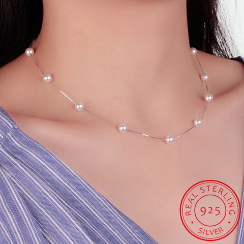 MEEKCAT 925 Sterling Silver Jewelry 12 PCS 6mm Freshwater Pearl Box Chain Choker Necklace kolye collares bijoux femme DN170 ► Photo 1/6