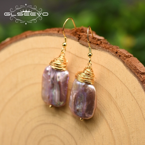 GLSEEVO Natural Purple Square Baroque Pearl Dangle Earrings For Women Party Handmade Drop Earring Fine Jewelry Oorbellen GE0902B ► Photo 1/6