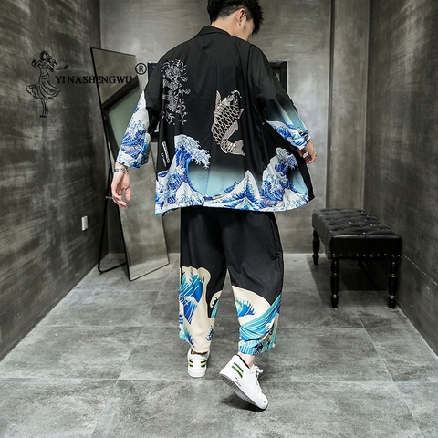 Japanese Kimono Traditional Casual Loose Thin a Set of Coat and Pants Asian Clothes Harakuju Vintage Print Kimono Cardigan Men ► Photo 1/5