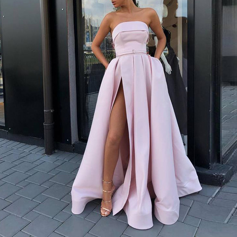 New arrival evening prom party dresses Vestido de Festa gown Robe De Soiree pink satin sexy strapless long gown formal dress ► Photo 1/5
