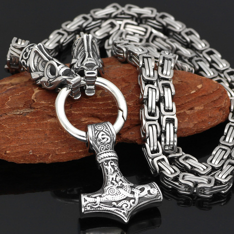 Men Fenrir wolf head with MJOLNIR Thor Hammer norse viking pendant necklace king chain ► Photo 1/6