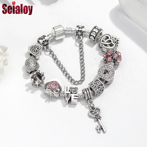 Seialoy Silver Plated Heart Key Pendant Charm Bracelets For Women Original Girls Princess Crown Beaded Bracelet Wife Jewelry ► Photo 1/5