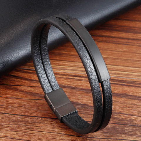 Classic Simple Style Leather Texture Stainless Steel Push Button Men's Leather Bracelet Handsome Boy Special Gift Discount ► Photo 1/5