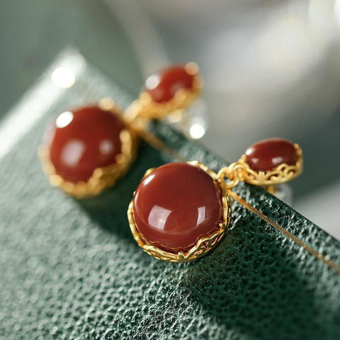 Natural Hotan South Red chalcedony Oval Earrings Chinese style retro palace style unique ancient gold craft female Festival gift ► Photo 1/6