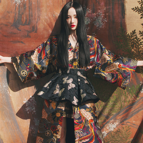 2022 Woman Japanese Kimono Style Riverside Jacquard Double layered dress Print Spliced long Dress ► Photo 1/6