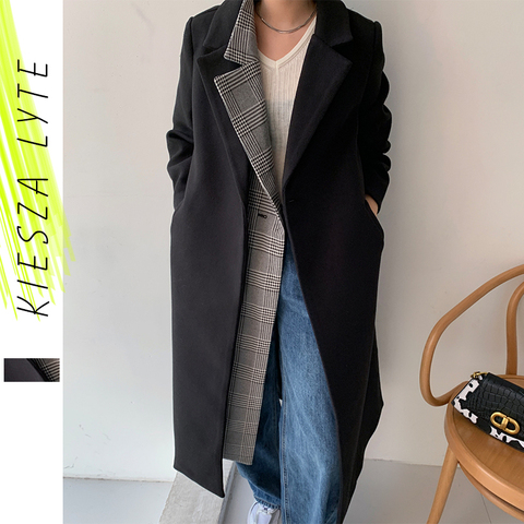 Winter Cashmere Long Coat Jackets Women Warm Black Patchwork False Two Piece Plaid Sashes Woolen Overcoats Office Lady Outerwear ► Photo 1/6