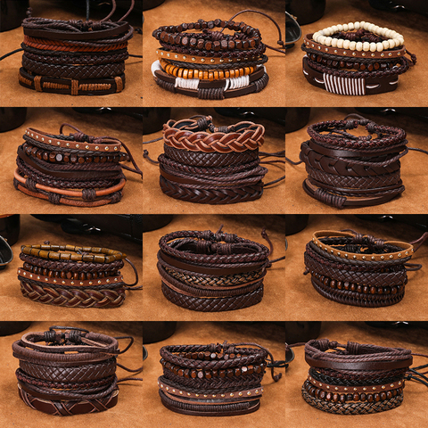 Trendy 5pcs Leather Wrap Bracelets Sets Bangles for Men Male Hippop Casual Jewelry Accessories Boyfriend Husband Gift Present ► Photo 1/6