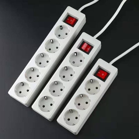 EU Standard German Type Power Strip 3/4/5 Sockets in Row Flat Adapter Light Switch with Surge Protector Extension Cable ► Photo 1/6