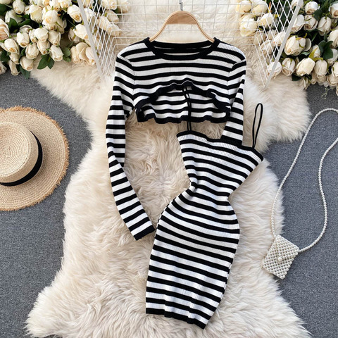 Foamlina Striped 2 Piece Set Women Fashion Streetwear Long Sleeve Knit Pullover Crop Top + Spaghetti Strap Bodycon Dress Suits ► Photo 1/6