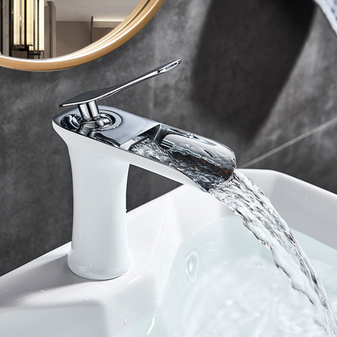 Waterfall Spout Chrome White Bathroom Sink Faucet Basin Vanity Sink Mixer Tap with Hot and Cold Water Deck Mounted ► Photo 1/6