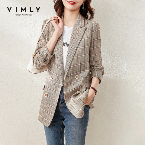 VIMLY Spring Coat For Women Fashion Notched Plaid Blazer England Style Loose Jackets Eelgant Tops Female Clothes F6208 ► Photo 1/5