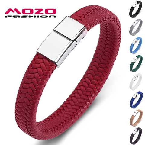 MOZO FASHION Punk Men Jewelry Red Braided Leather High Quality Bracelet Stainless Steel Magnetic Clasp  Women Bangles Gift 161 ► Photo 1/6