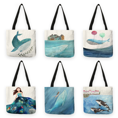B13019 Fresh Painting Cute Whale Sea Series Shopper Bag Women Handbags Large Capacity Totes Designer ► Photo 1/6