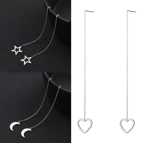 Teamer Stainless Steel Long Line Chain Earrings for Women Korean Star Moon Heart Earriings Fashion Jewelry Linear Threader ► Photo 1/6