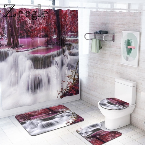 3D Rose Waterproof Shower Curtain Set Toilet Cover Mat Nonslip