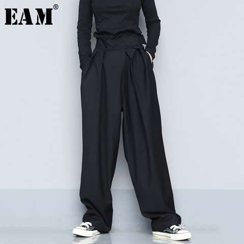 [EAM] High Waist Black Brief Pleated Long Wide Leg Trousers New Loose Fit Pants Women Fashion Tide Spring Autumn 2022 1S399 ► Photo 1/5