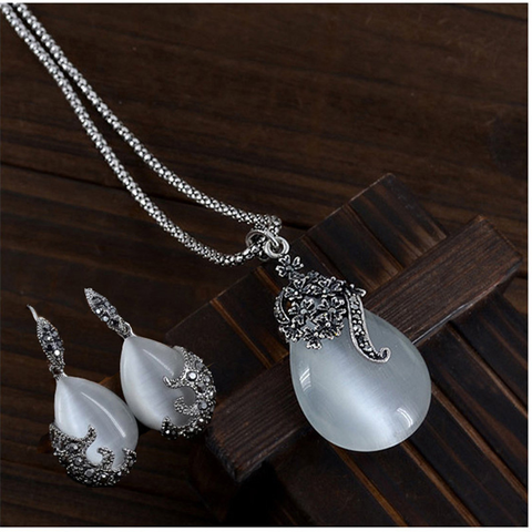 Vintage Elegant 925 Sterling Silver Fashion Opal Water Drop Pendants Long Snake Necklaces Drop Earrings Women Jewelry Sets ► Photo 1/6