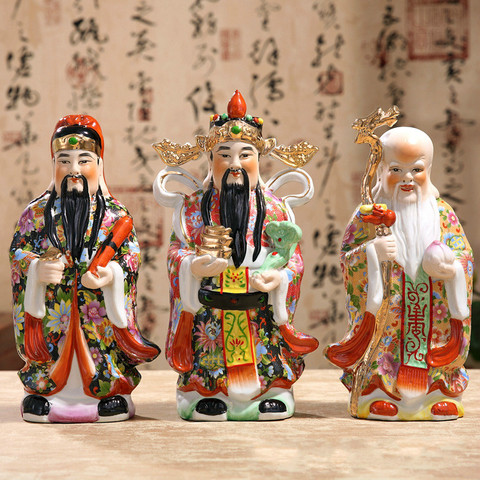 The Three Gods of Fortune Statue Chinese Color Handmade Decals Samsung Ceramic Ornaments   Painted Sculpture Three-piece Suit ► Photo 1/4