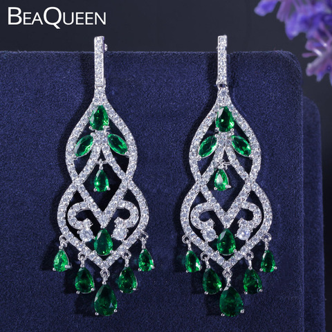 BeaQueen Famous Designer Women Jewelry Noble Green Cubic Zircon Long Drop Bridal Wedding Chandelier Earrings for Brides E049 ► Photo 1/6