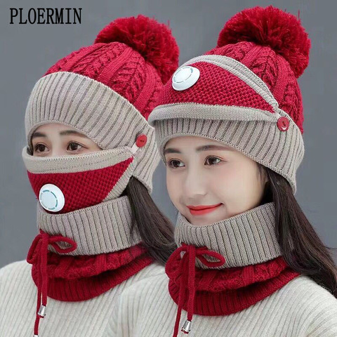 2022 New 3 Pieces Set Women's Knitted Hat Scarf Caps Neck Warmer Winter Hat For Ladies Girls Skullies Beanies Warm Fleece Caps ► Photo 1/6