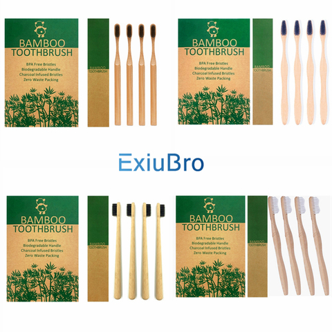 Pack of 4 Natural Biodegradable Bamboo Toothbrush Organic Eco Friendly Bamboo Teeth Brush Vegan Compostable Wooden Bambu Bristle ► Photo 1/6