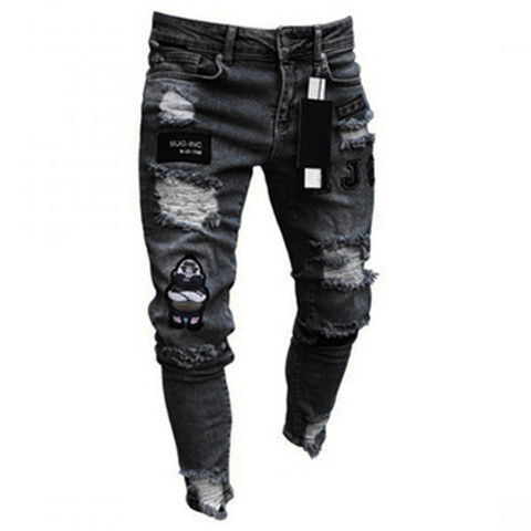 Men Stretchy Ripped Skinny Biker Embroidery Cartoon Print Jeans Destroyed Hole Slim Fit Denim High Quality Hip Hop Black Jeans ► Photo 1/6