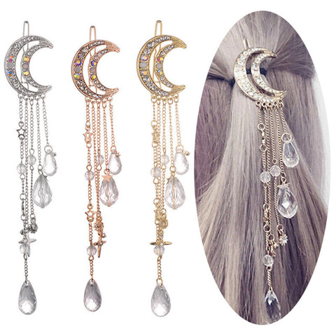 Fashion Elegant Women Hair Bands Lady Moon Rhinestone Crystal Tassel Long Chain Beads Dangle Hairpin Hair Clip Hair Jewelry ► Photo 1/6