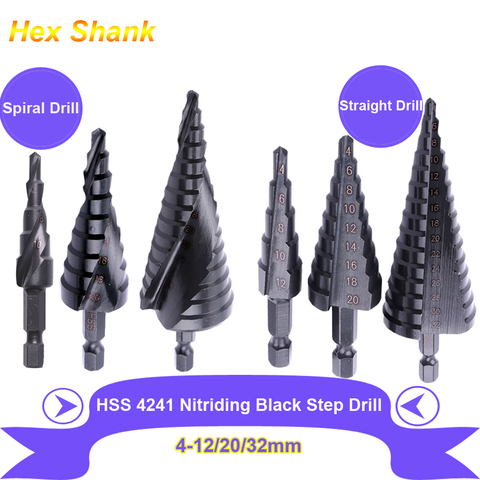 1PC HSS Nitriding Black Step Drill Bit 4-12 4-20 4-32mm Hex Shank Wood/Metal Hole Cutter Spiral/Straight Groove Step Cone Drill ► Photo 1/6