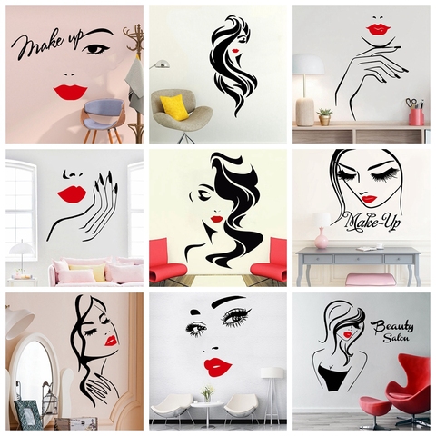 Double Color Beautiful Lady Hairdresser Wall Stickers For Beauty Salon Lady's Red Lips Vinyl Makeup Sticker Hair Barbers Decals ► Photo 1/5