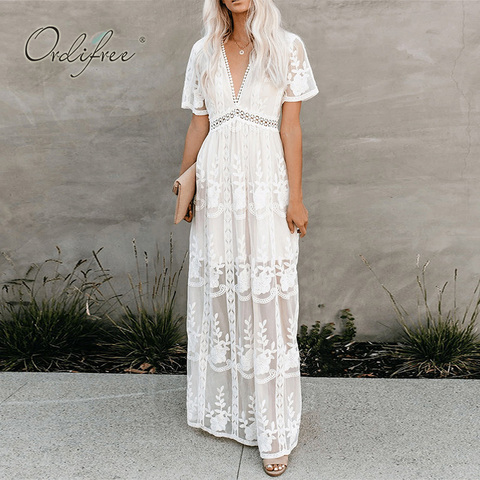 Ordifree 2022 Summer Boho Women Maxi Dress Loose Embroidery White Lace Long Tunic Beach Dress Vacation Holiday Clothes ► Photo 1/4