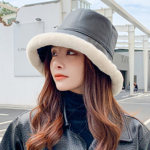 Black Leather Bucket Hat Women Winter 2022 Autumn Faux Fur Furry Bob Chapeau Femme Fashion Korean Fishing Cap Fisherman Hats ► Photo 1/6